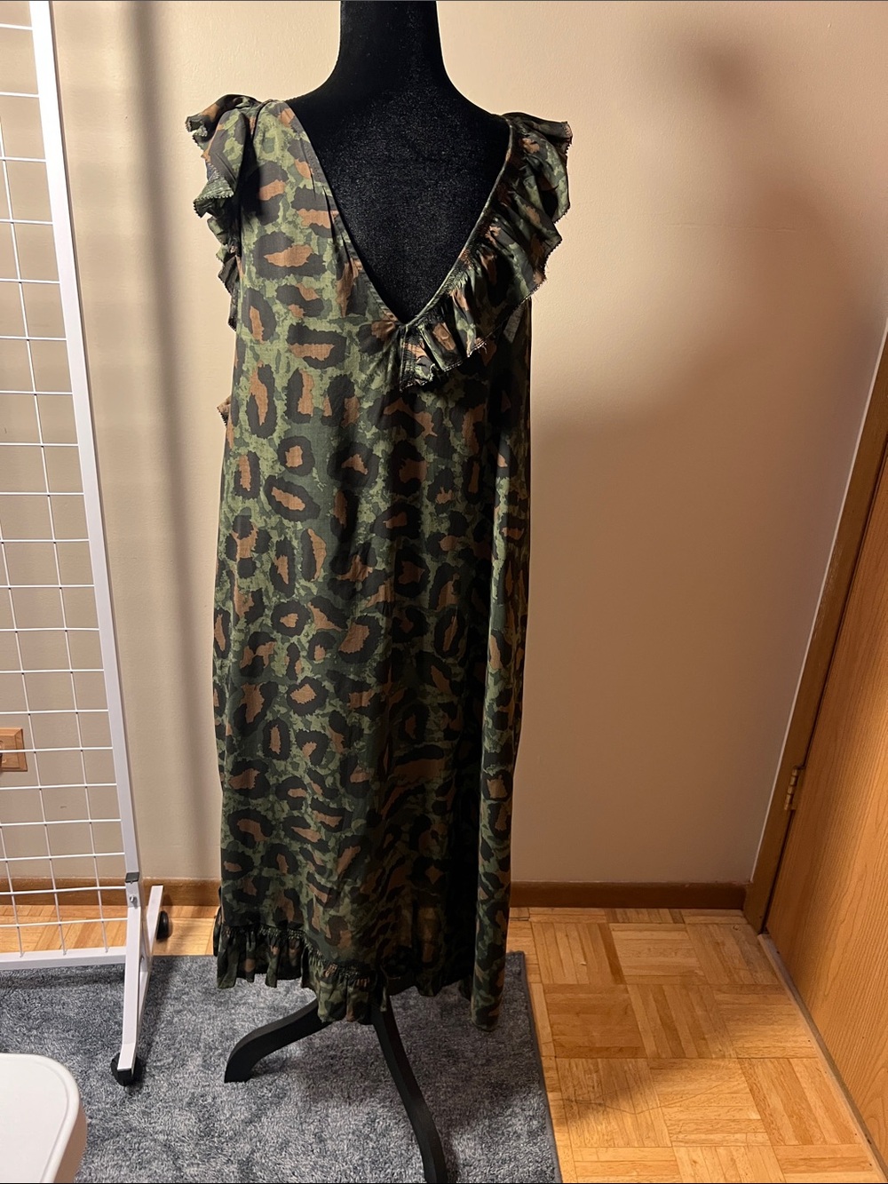 Zadig & Voltaire Olive Green Camo Leopard Ruffle Maxi Dress